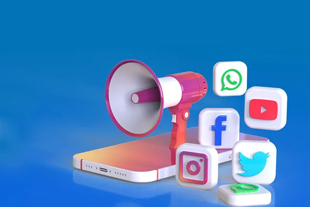 social media icons with a mobile phone and speaker