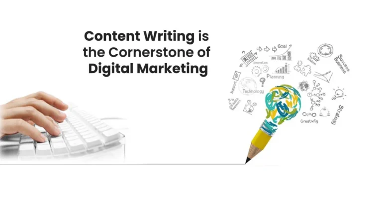 a person typing on keyboard with text Content Writing Is the Cornerstone of Digital-Marketing