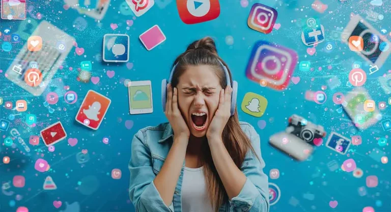 a female screaming with multiple social media icons in background