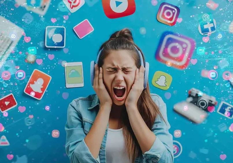 a female screaming with multiple social media icons in background