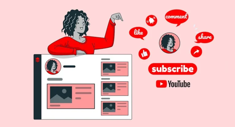 a standing female vector pointing finger to youtube subscribe button