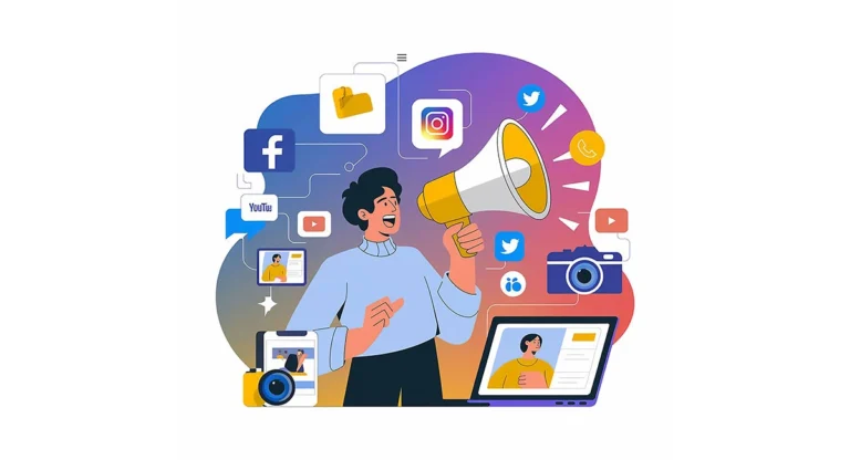 graphic of person with megaphone and social media icons in background