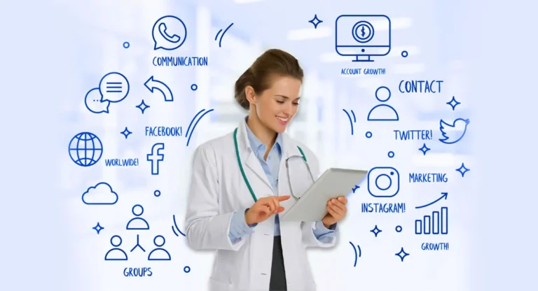 doctor working on tablet with social media icon in background