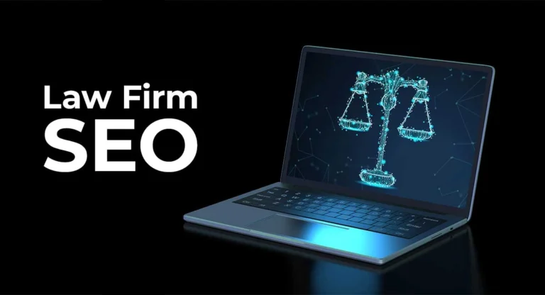 laptop on table with text written Law Firm SEO