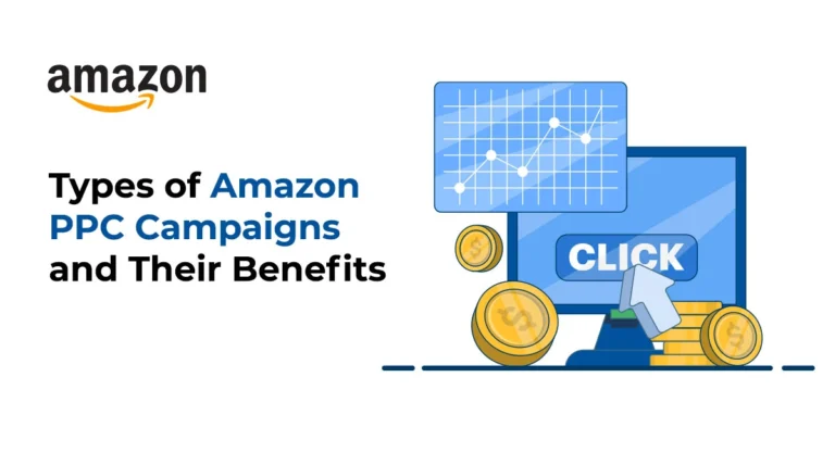 graphic of desktop and icons with text written Types of Amazon PPC Campaigns and Their Benefits